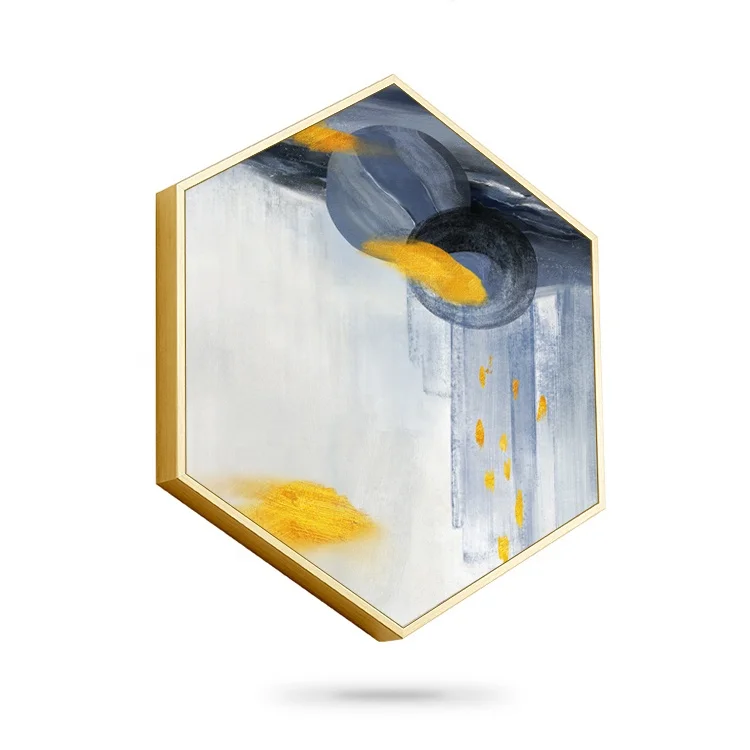 
abstract artwork giclee canvas painting with golden hexagon frame for bedroom 