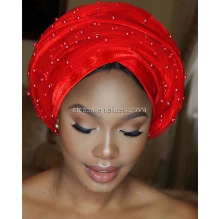HQT12 Queency Wholesale Price Beautiful African Velvet Tube Turban Hijab Headtie Nigeria with Beads and Net for Lady