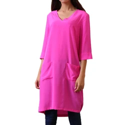Sale Pure Silk Crepe Stone Washed Basic V Neck A Line Tunic Shirt Dress for female