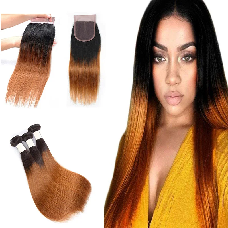 
Colored Brazilian Straight Hair Bundles Closure 1B/30# Ombre Color Human Hair Weave 3 Bundles with Closure 