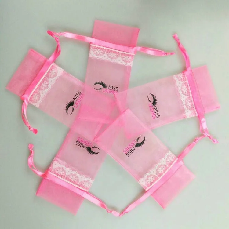 custom organza fabric cosmetic lashes pink bag with white lace