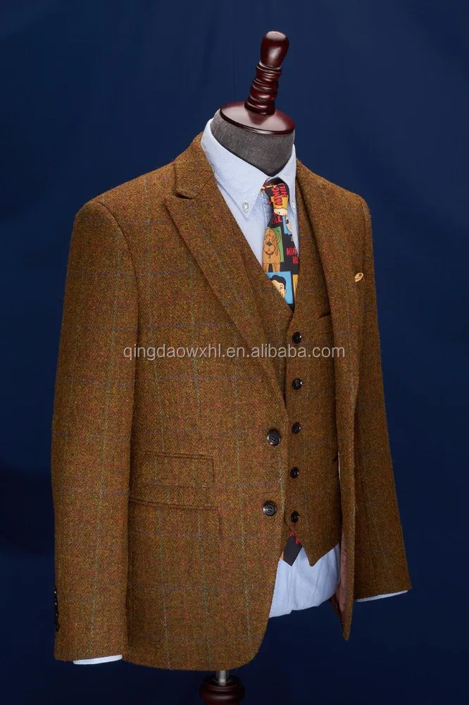 New Design Tweed Slim Fit 3 Piece Checked Coat Pant Men Suit For Wedding
