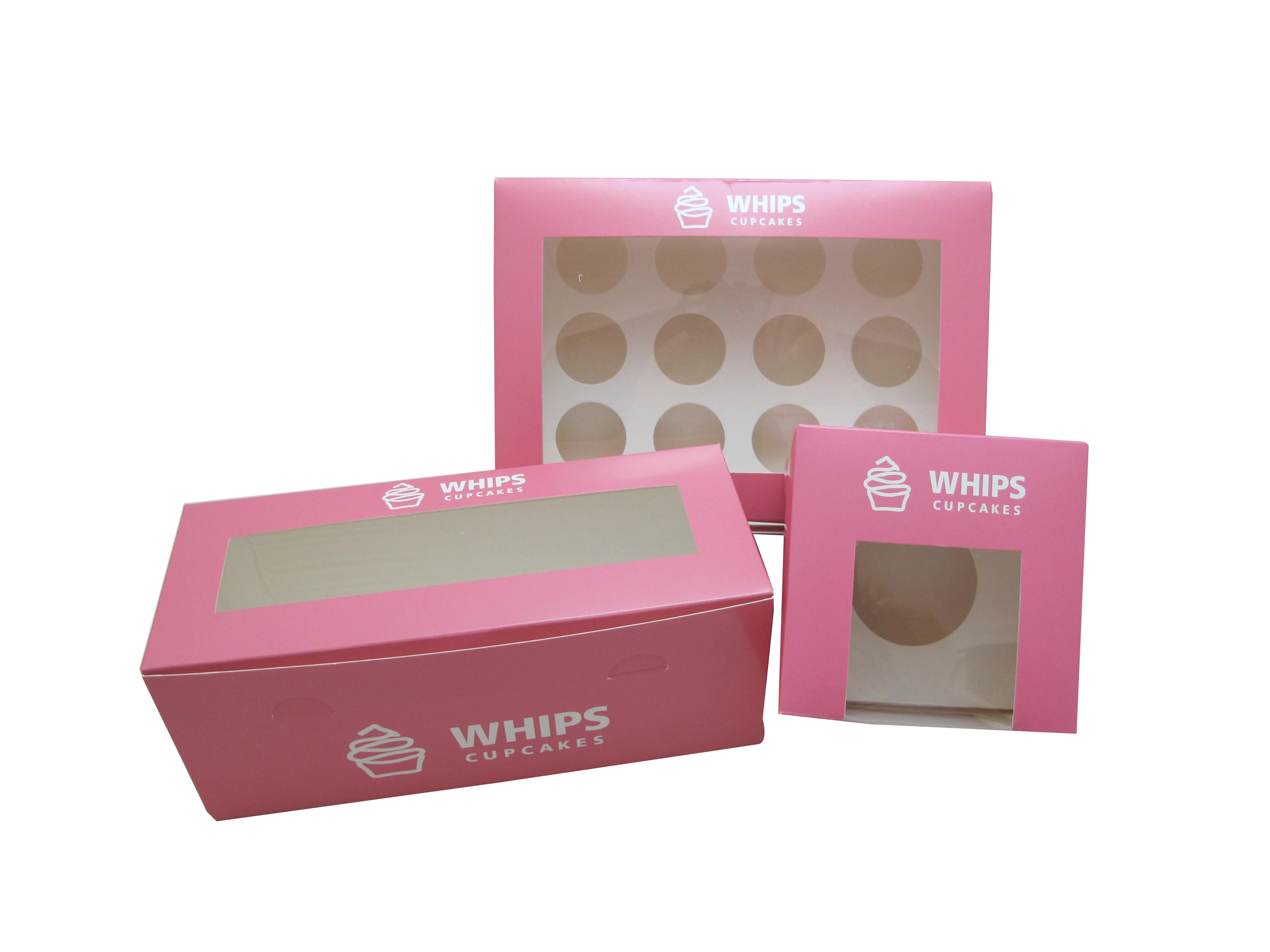 set pink cupcake box with clear window and paper bag