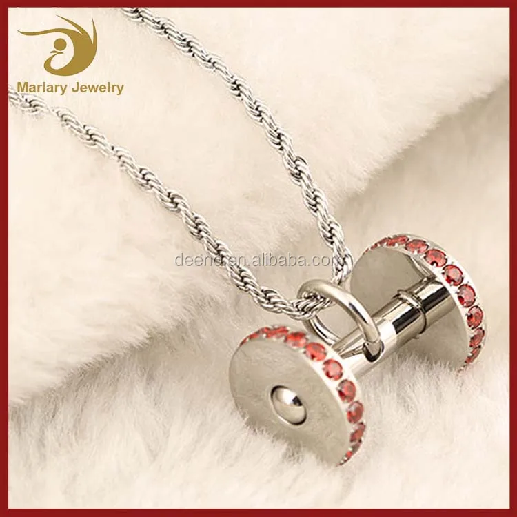 Promo Fitness Jewelry Stainless Steel Ruby Crystal Inlay Dumbbell Pendant Necklace Sport Gym Dumbbell Pendant