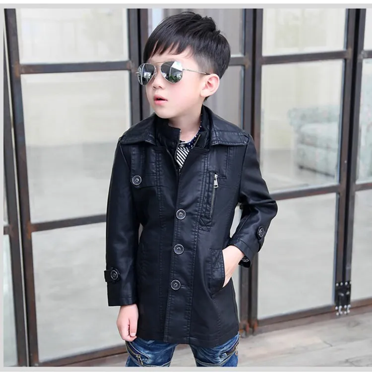 
2018 autumn and winter new plus velvet thick long windbreaker kid PU leather jacket 