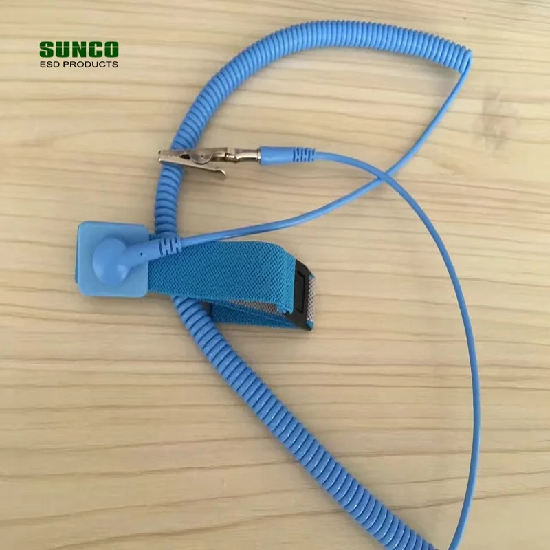 Elastic fabric conductive wrist strap with 1.8m coil cord and banana plug