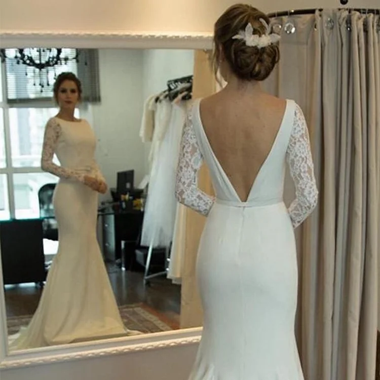
O-Neck Backless Satin Lace Long Sleeve Beauty Indonesia Wedding Dress Bridal Gown Mermaid 