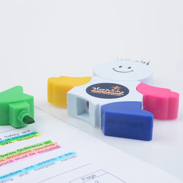 High Quality Promotional Snowman Shape 4 Color Highlighter Pen Set with Keyboard Brush