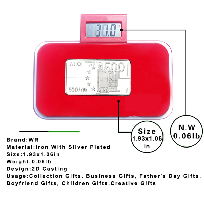 Hot Sale 24K Silver Plated Bar Top Quality Silver Banknote Metal Bars Square 500 Euro Commemorative Bar for Souvenir