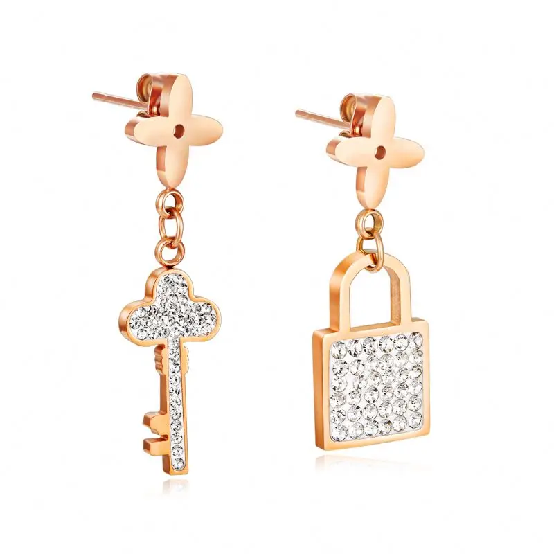 
Rose Gold Stainless Steel Titanium Zircon Lucky Four Leaf Clover Key And Lock Stud Earring 