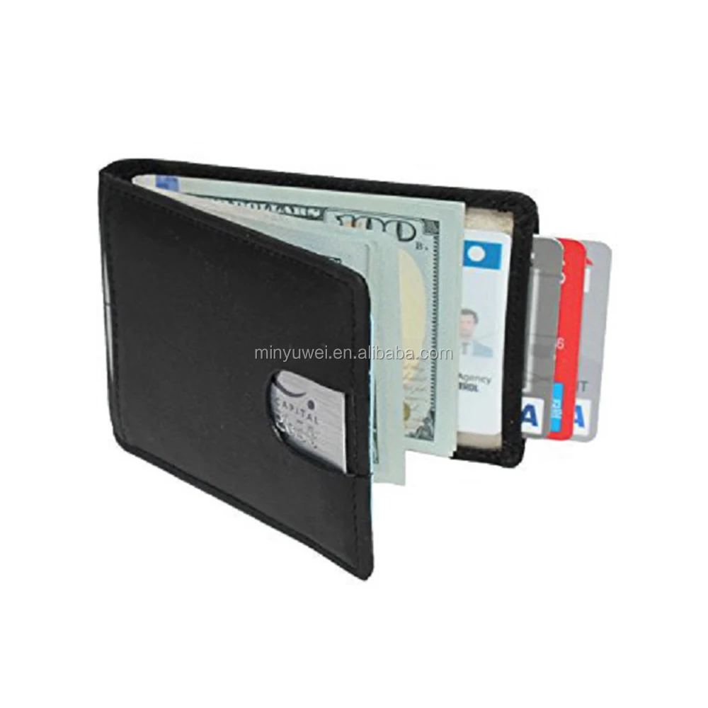 Custom Slim Mens Leather wallet money clip with a pull-tab RFID blocking Hot Selling