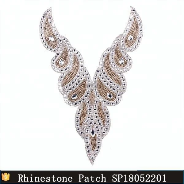 High Quality V Neck Collar Design Hot Fix Transfer Rhinestones Beaded Crystal Applique for Wedding Dress