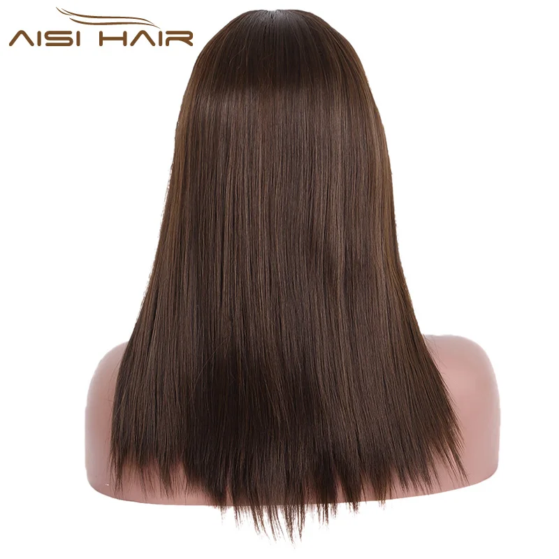 Aisi Hair Long Silky Straight Wigs Synthetic Brown Hair Heat Resistant Fiber Wigs With Bangs For Women Natural Looking