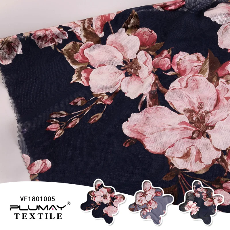 
china shaoxing mesh fabric polyester digital bronze printed flower for dress garment clothing textile custom elastic fashion 