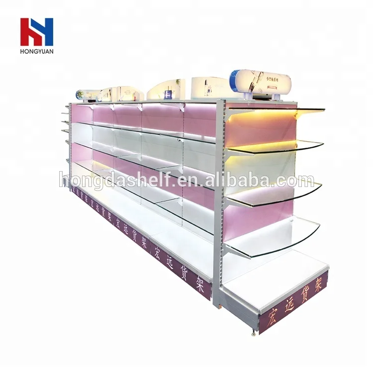 Double sided 3-4 layers gondola display cosmetic shelving for Beauty supply store equipment