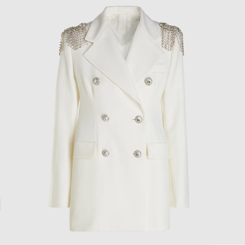 Модный дизайн украшенный кристаллами индивидуальный Повседневный белый блейзер для женщин