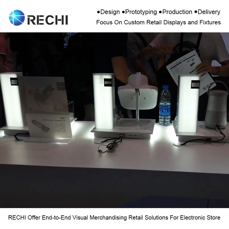 RECHI Custom Illuminated Acrylic Audio Product TWS Earphone Retail POS Display Stand With Led Light for Headphone Experience
