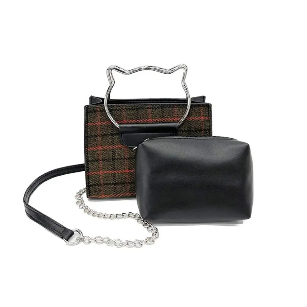 
Plaid Pattern Cat Shape Handle Ring Chain Shoulder Bag With PU Leather Bag 