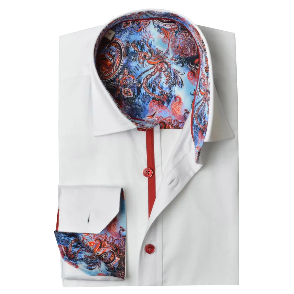 Tailored made casual  design cotton white paisley printed trim contrast color mens long sleeve shirt