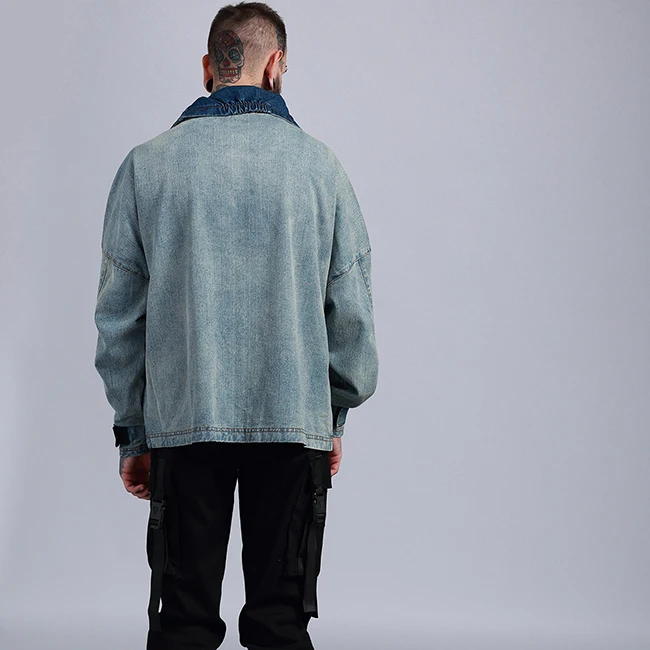 Custom casual high collar loose retro oversize denim jacket for men