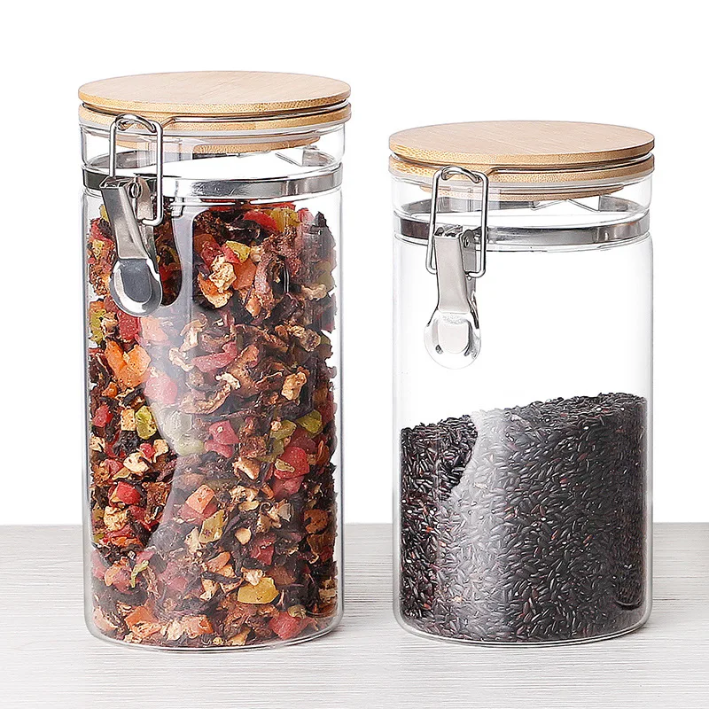 Clear Borosilicate Glass Food Storage Jar Canister with Airtight steel  buckle Locking Clamp Bamboo Lids