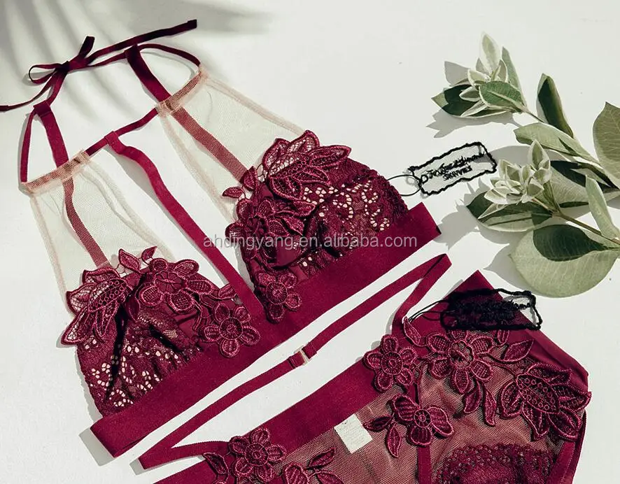 M953 Runwaylover 2016 ladies wine red lace transparent three-dimensional embroidery bralette set bra lingerie