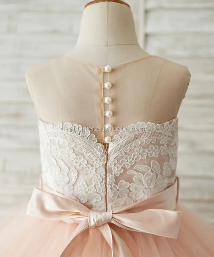 change--Sheer Neck Peach Pink Tulle Lace Cupcake Skirt Wedding Flower Girl Dress with beaded sash