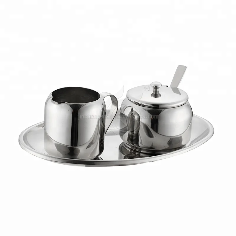 Restaurant Tableware Kitchen Sugar Pot Canister with spoon & lid & holder Stainless Steel Metal Sugar Bowl