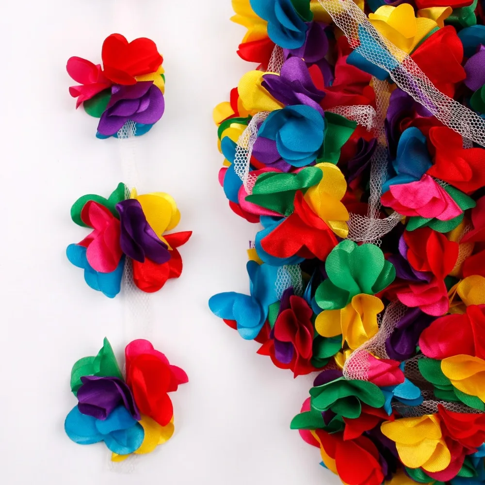 3D Chiffon Fabric Flowers Cluster Fringe Lace Ribbon Trim Organza Cloth Applique Dress Sewing Accessories