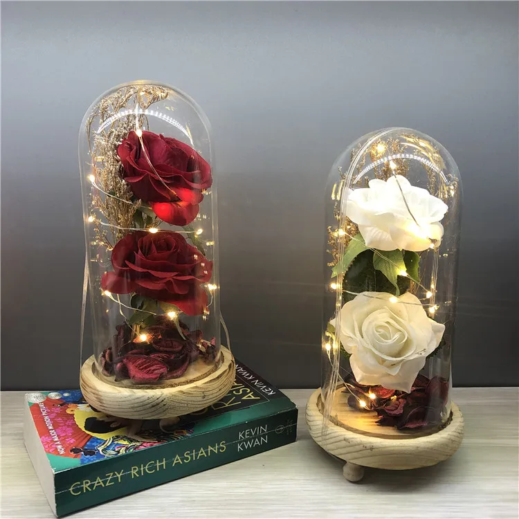 Высококачественная искусственная Шелковая Роза в стеклянном куполе со светодиодной подсветкой две головки розы цветы подарок на день Святого Валентина
