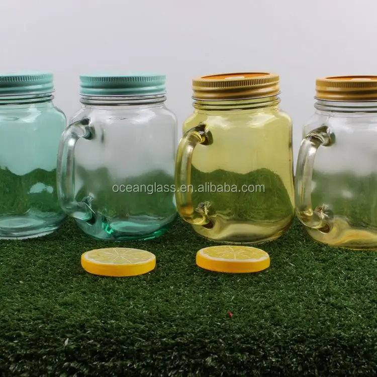 Colored glass drink cup with handle Mason jar mug with metal lids Wholesale 16oz drinking bottle with plastic straw