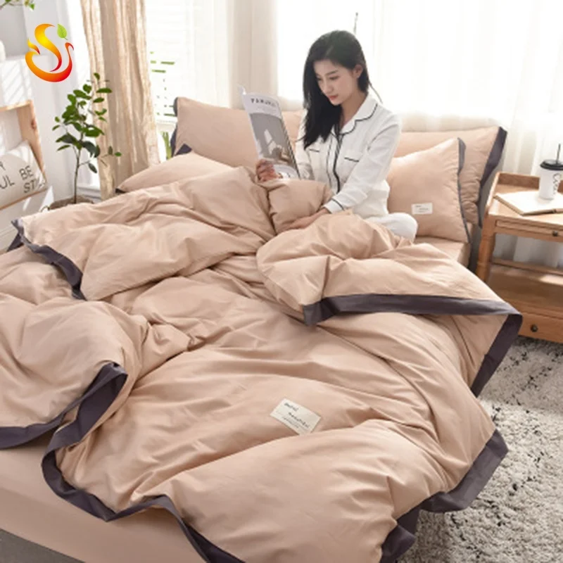 Solid color cotton four-piece quilt cover sheets japanese-style 4pcs bedding set