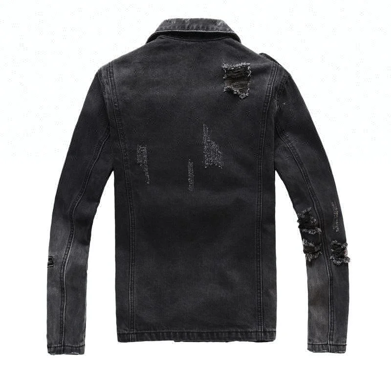D&S factory dropshipping high street men black cool denim jacket belted distressed zipper jean jacket
