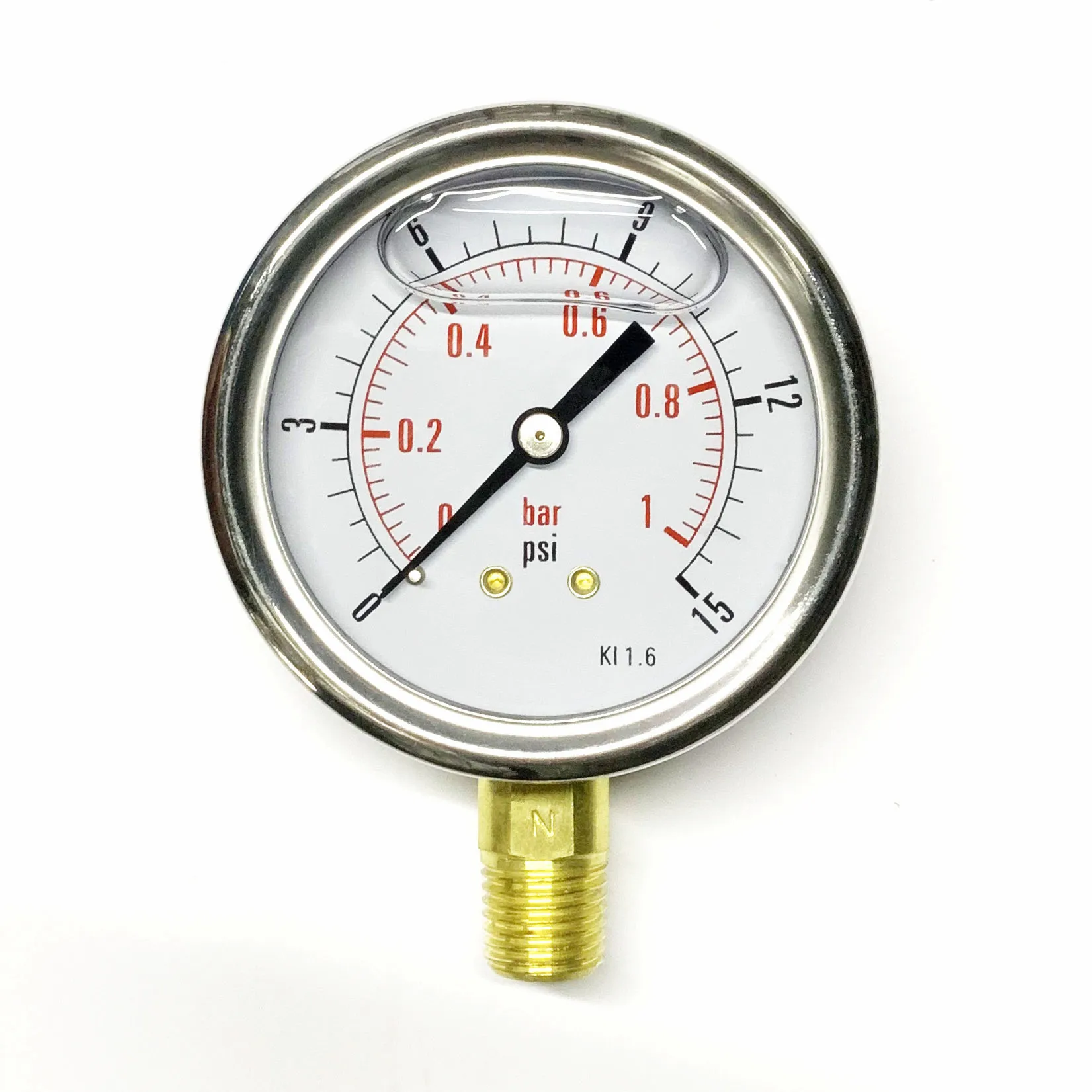 2,5 дюйма 63 мм 15 фунтов на квадратный дюйм/1 бар 1/4 дюйма NPT глицериновый манометр 304 Корпус из нержавеющей стали, латунные внутренние компоненты, нижнее Крепление