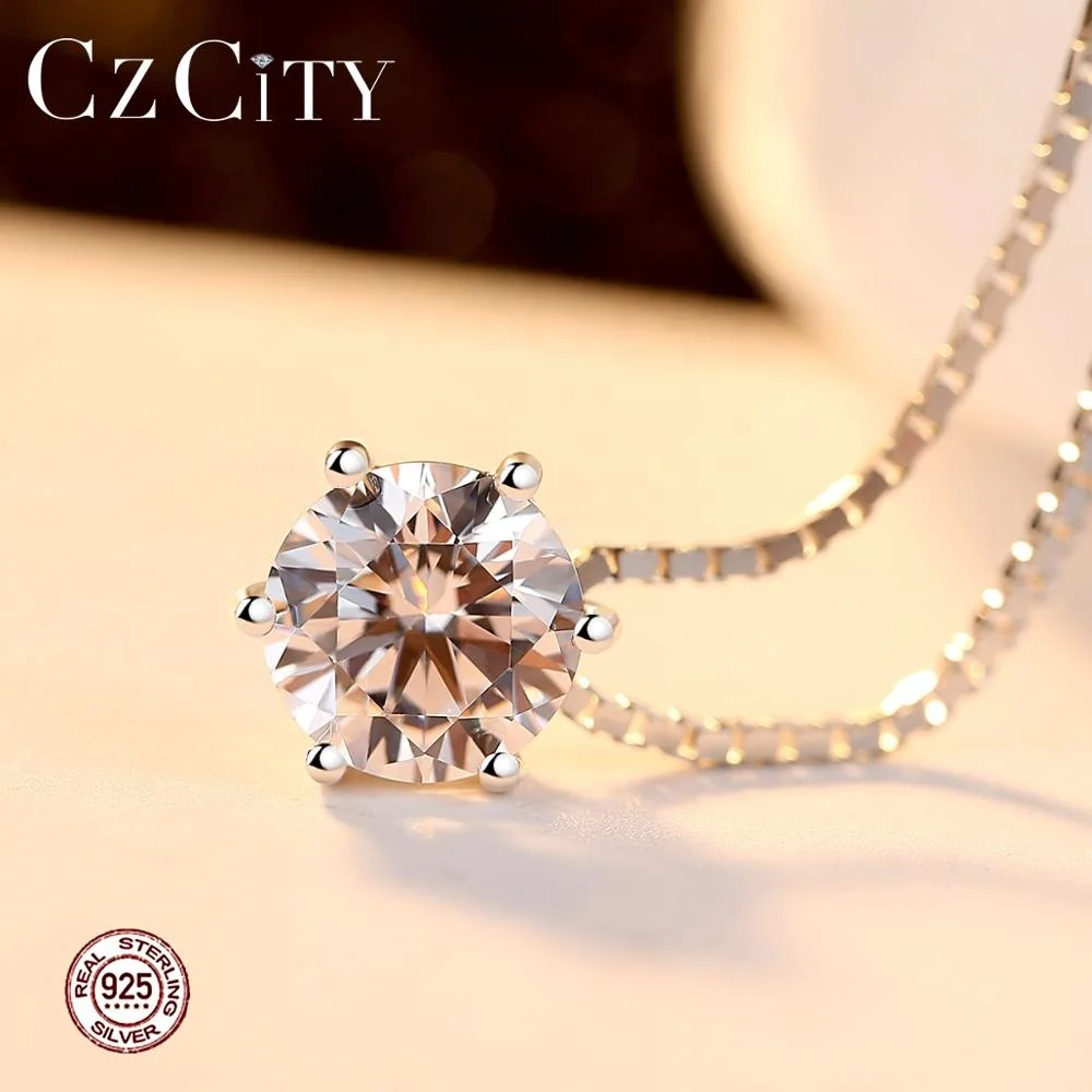 CZCITY Classic White Gold Plated Six Claws Cubic Zirconia 925 Sterling Silver CZ Diamond Pendant Necklace for Women Jewelry Gift