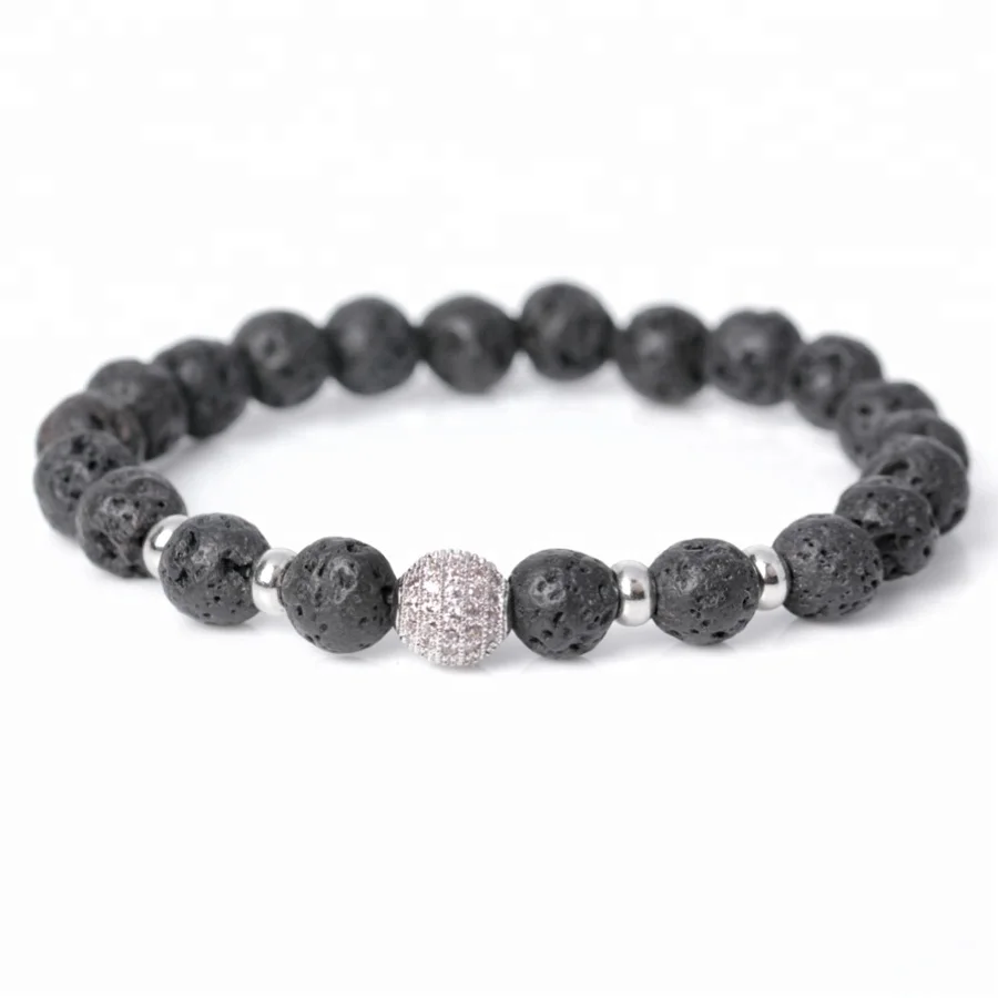 Bracelet Manufacturer Hot Sale 18K Gold Plating Micro Pave Black CZ Beads Bracelets, Men Bracelet Lava Stone Beads
