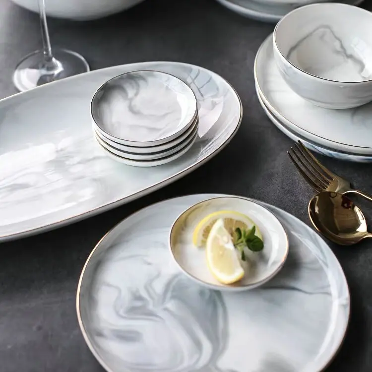 
Nordic style luxury wedding ceramic marble dinner plates with gold rim 
