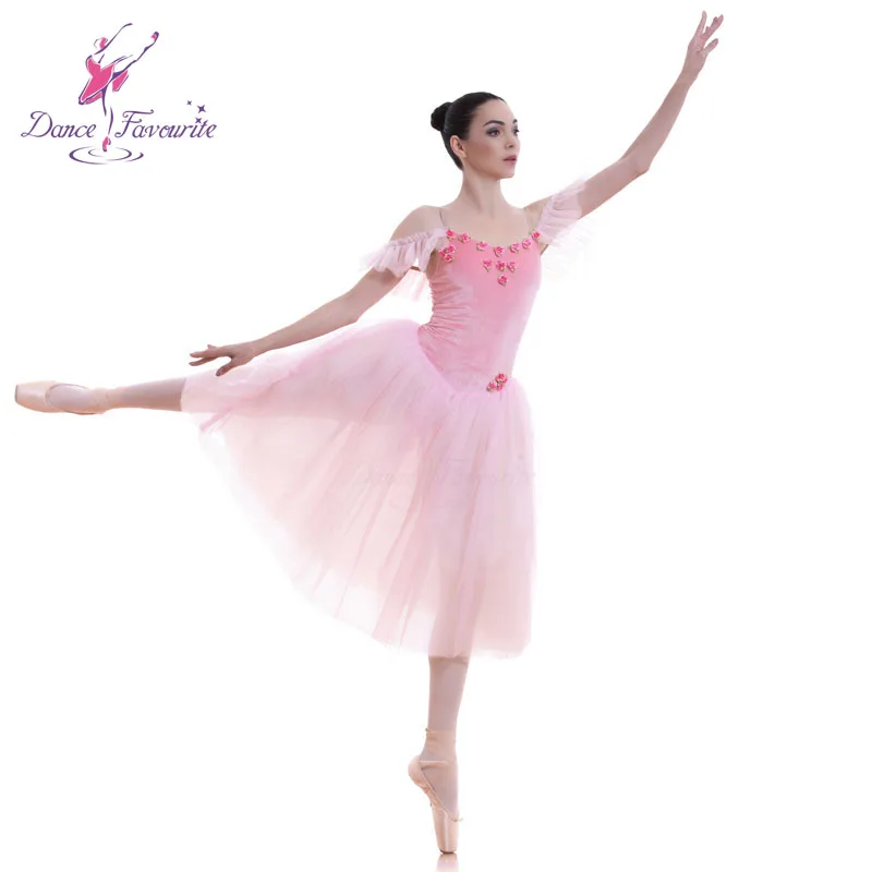 Pink romantic long ballet dance tutu velvet leotard bodice with long soft tulle tutu skirt 18582
