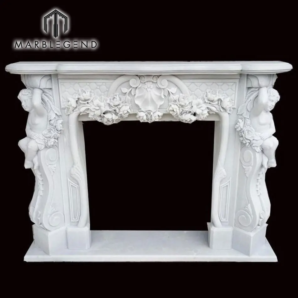 classical household white marble angel statue fireplace mantel with cherub statue