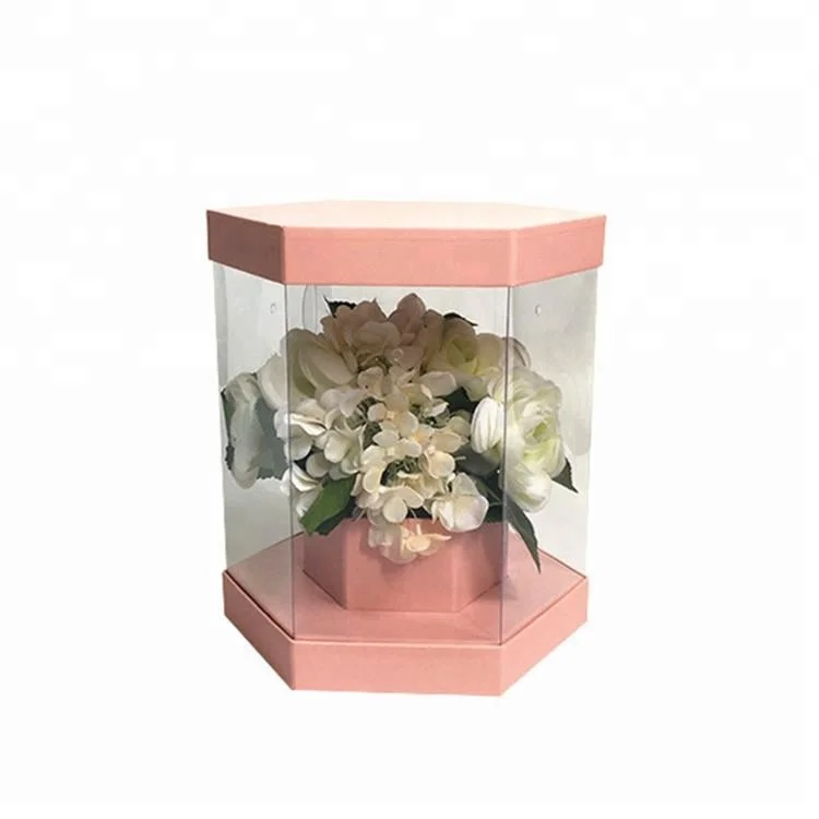 Custom printing cardboard hexagon shape PVC transparent box flower boxes
