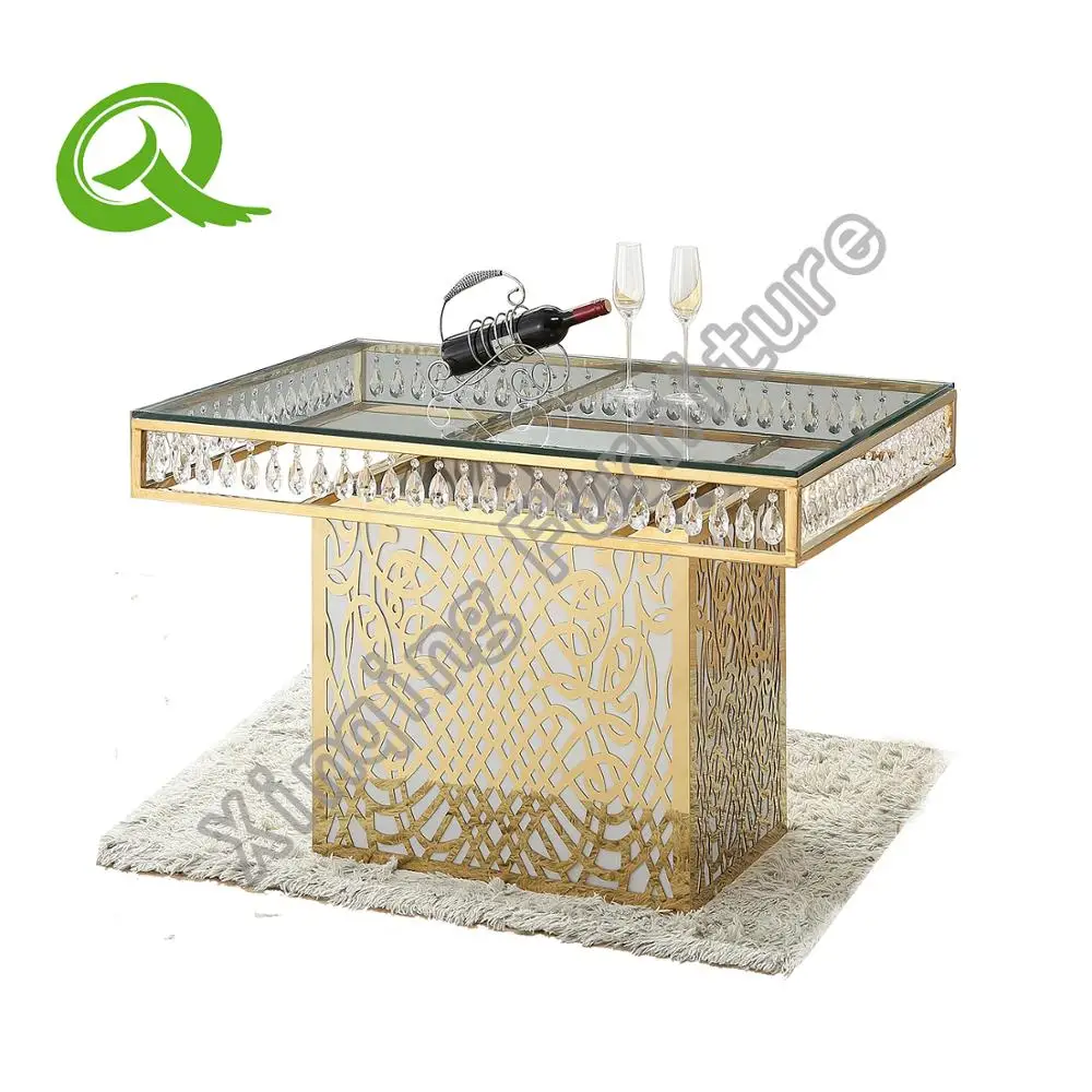
TH530 2019 new model wedding gold stainless steel rectangular dining table with tempered glass top with crystal 