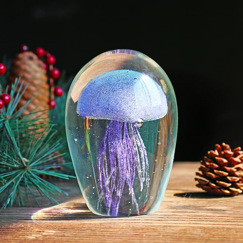 H&D Art Glass Jellyfish with Bubbles sculpture Sea Animal glass Paperweight Glow in the Dark Craft Collection Birthday Gift