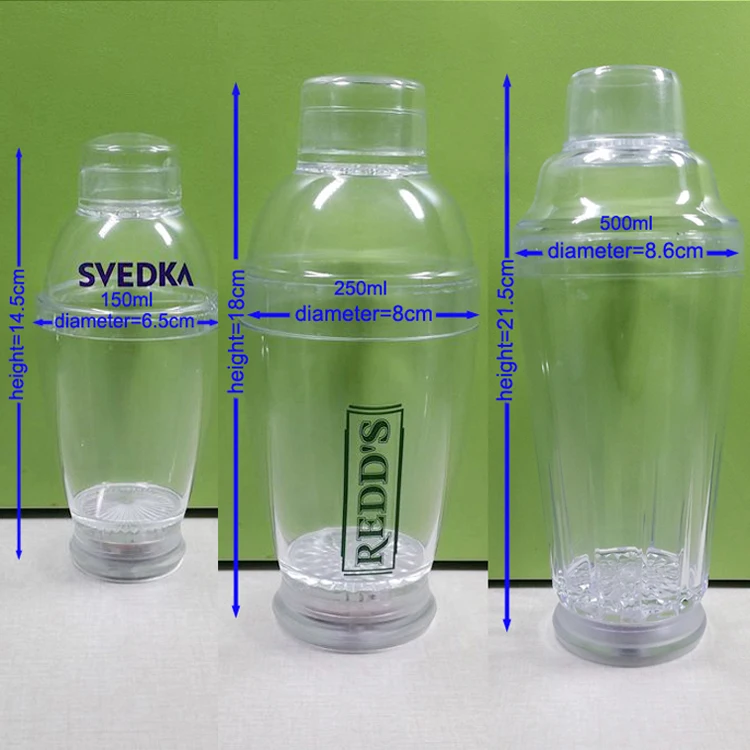 Custom logo colorful LED shaker bottle transparent plastic glass cocktail shaker