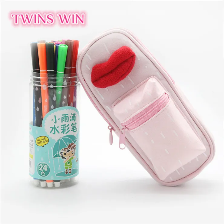 
Top selling in America children stationery waterproof canvas pen bag cartoon Lips design promotional pencil case 
