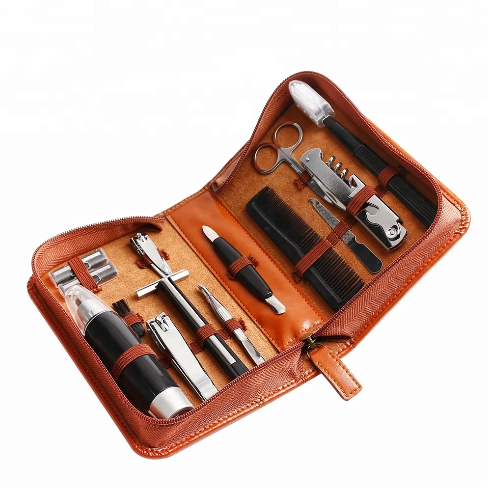 
2018 Best design leather pouch 14 in 1 man beard kit beard grooming kit 