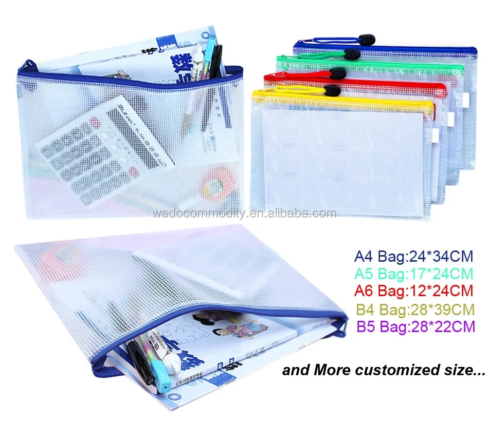 custom logo plastic file folder document bag clear mesh pvc file document pouch with zipper puller for documents receipt files