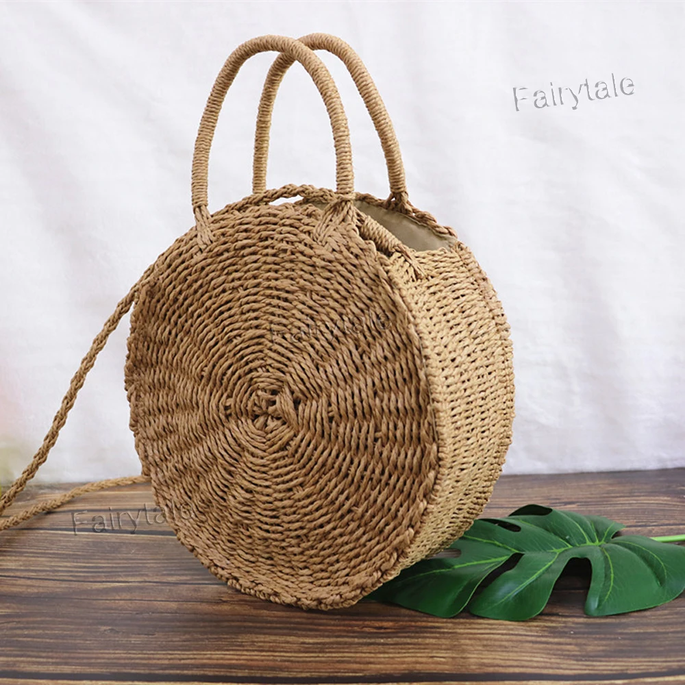 
Vintage Hand Woven Round Beach Bag Handles Sea Bali Straw Bag 
