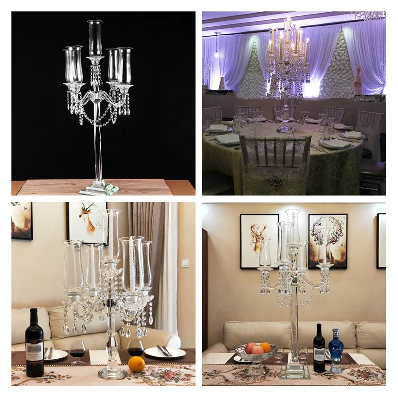 Wholesale 120cm Height Glass Hurricane 5 arms crystal candlestick candelabra for table decorations wedding centerpieces