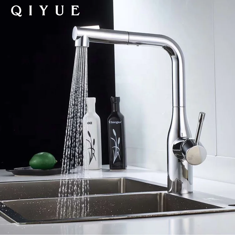 Modern sanitary ware brass chrome finished kitchen mixer taps, single lever sink faucet with dual pull down sprayer