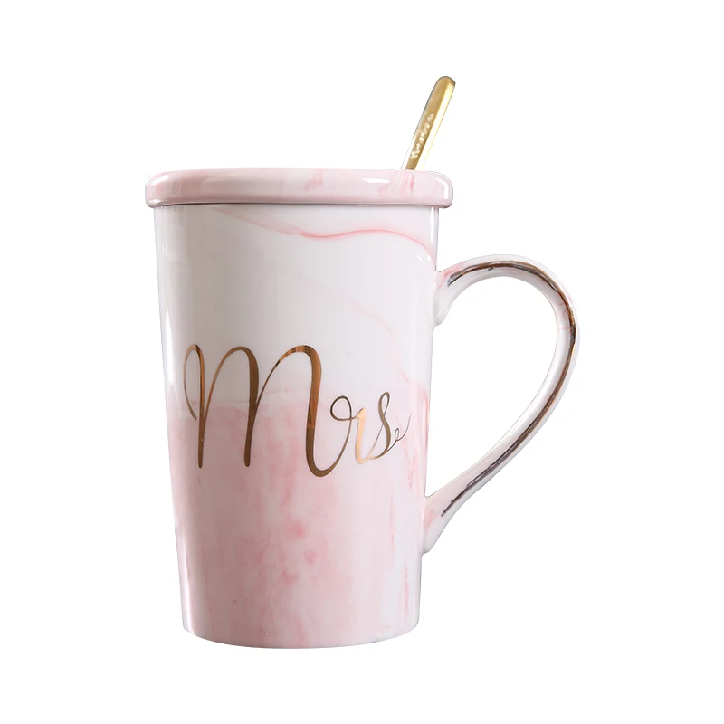 12oz high quality colourful marble style tall ceramic mug coffee cup with gold rim handle and lid sets